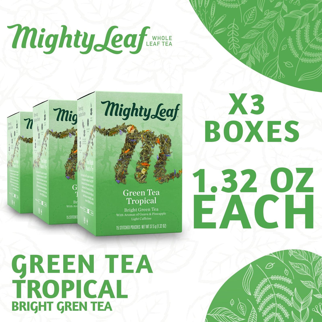 Mighty Leaf Green Tea, Tropical, 15 Pouches