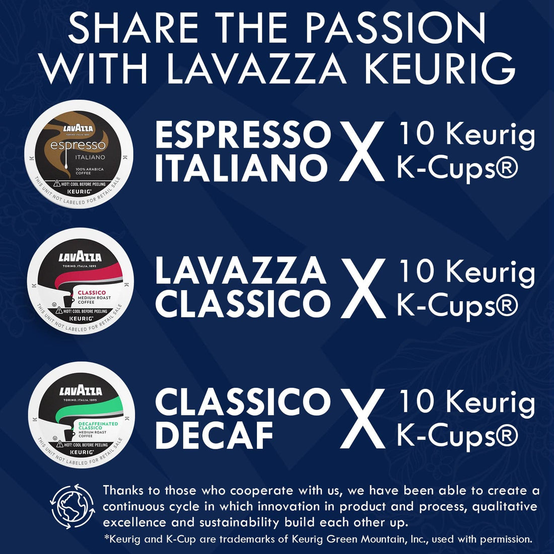 Lavazza K - Cups Variety Mix of 30 Coffee Pods - Espresso, Classico, Decaf, 10 Capsules Each