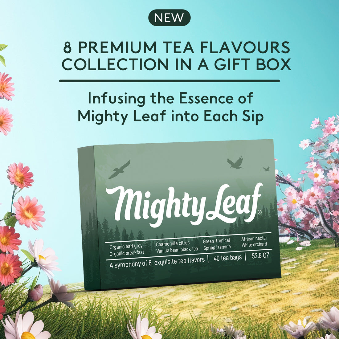 Tea Gift Box From Mighty-Leaf, Variety Pack 8 Flavors, 5 Pouches Each