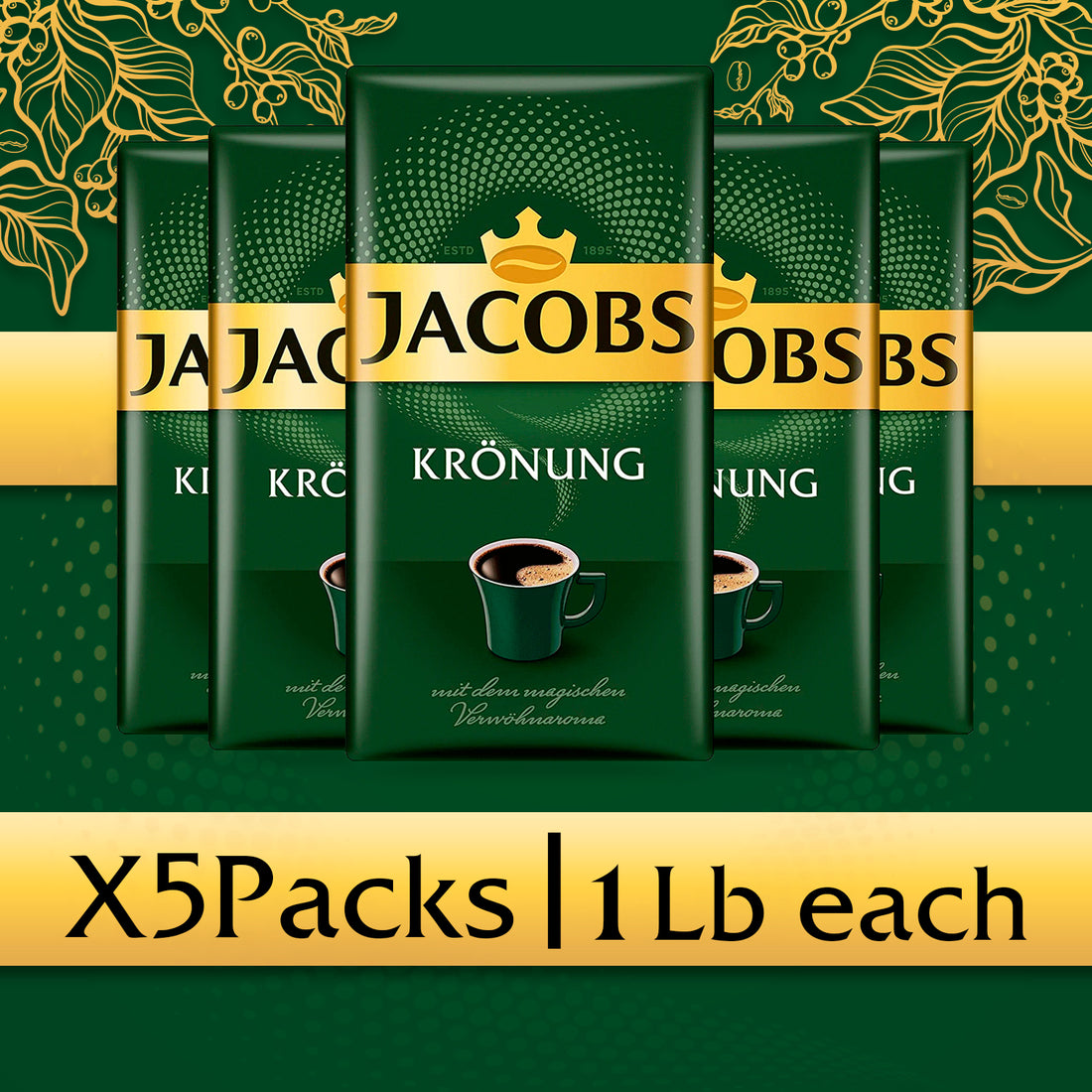 Jacobs Kronung 500g (5-Pack), German Ground Coffee - Total 2.5kg / 5.5 LB