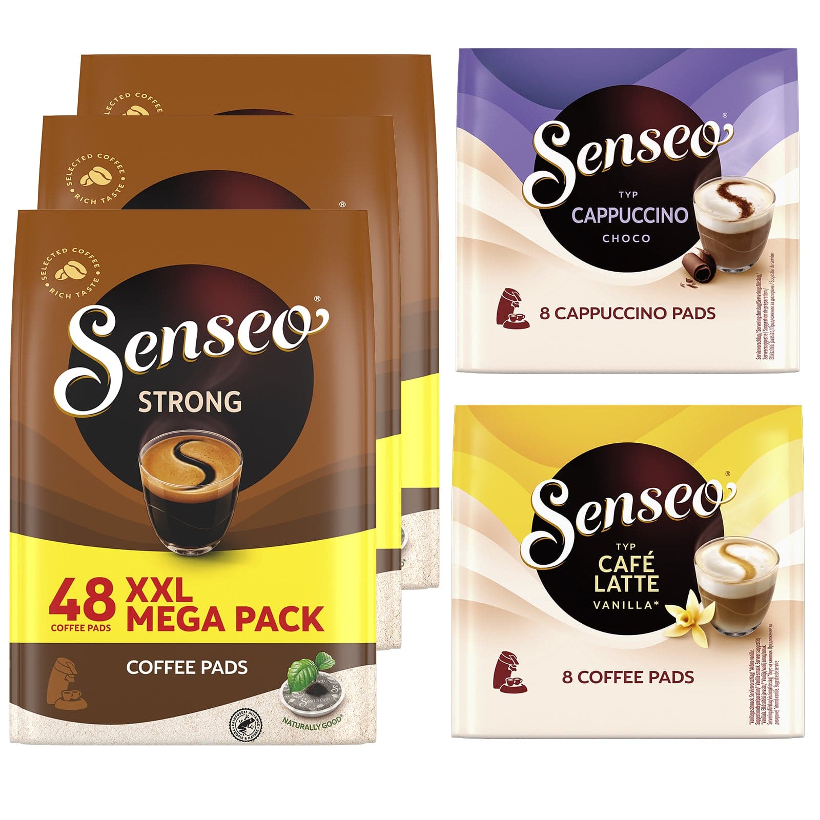 Senseo® Coffee Pads, Variety Pack Roast Dark Latte Strong, Vanill with
