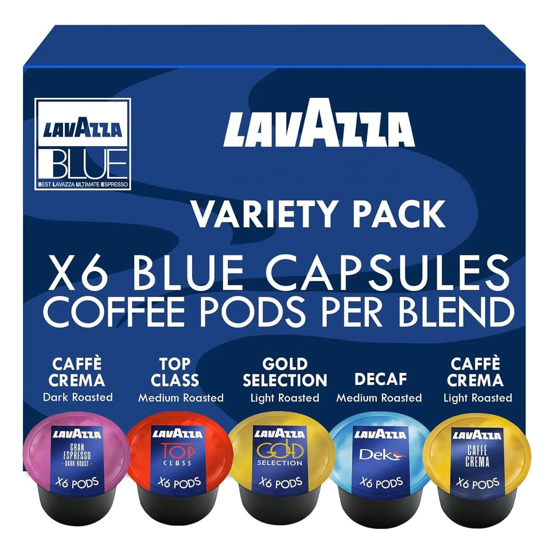 Lavazza Blue 30 Capsules - Top, Gold, Crema, Dek, Gran (6 Each)