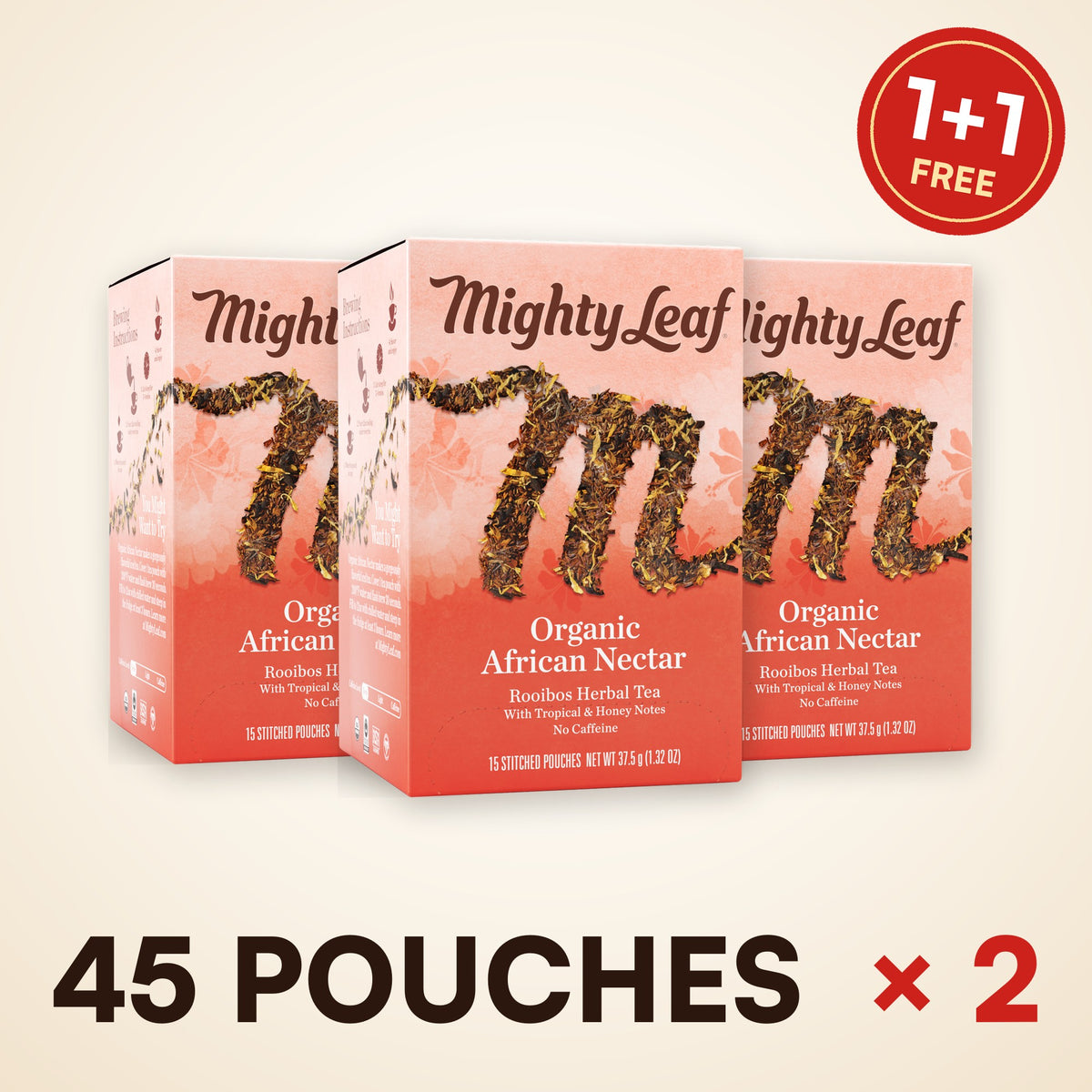 1+1 FREE: 90 Mighty Leaf Organic African Nectar tea pouches, best before Mar 26, 2027