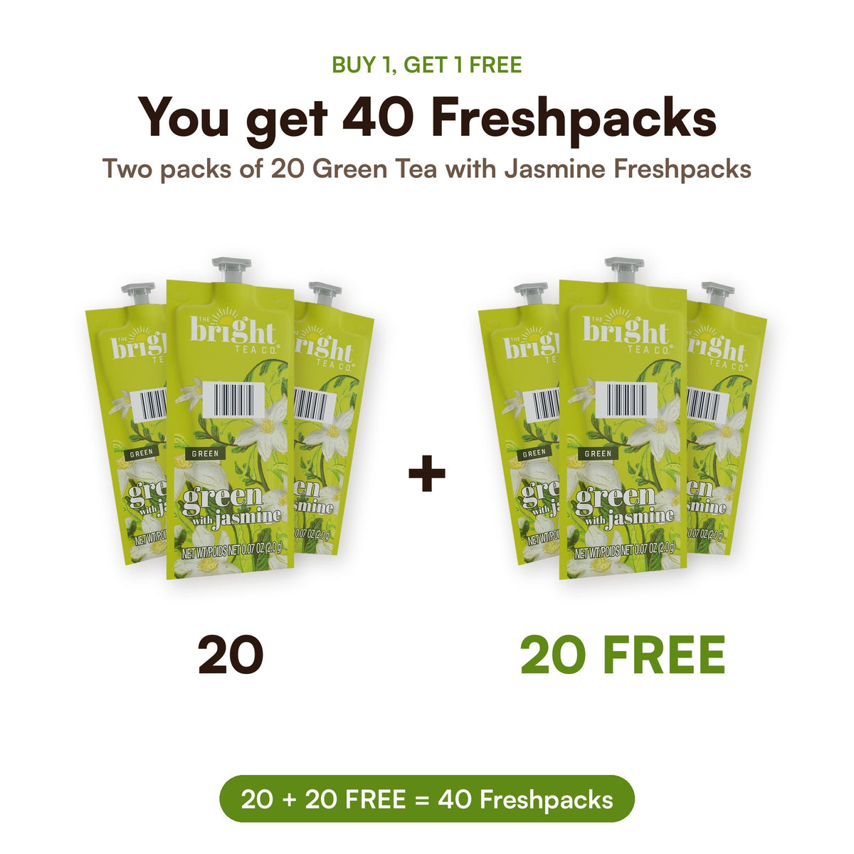 FLAVIA Bright Tea Co. Green Tea with Jasmine Freshpacks: buy 1, get 1 free = 20 + 20 = 40 Freshpacks, best before Dec 24, 2026