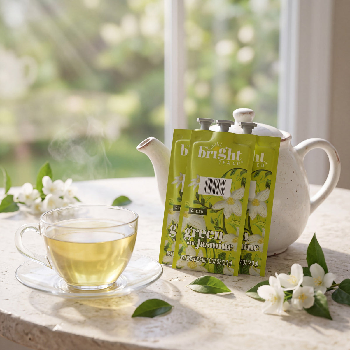 FLAVIA Bright Tea Co. Green Tea with Jasmine Freshpacks: cinematic scene with a cup of tea, best before Dec 24, 2026